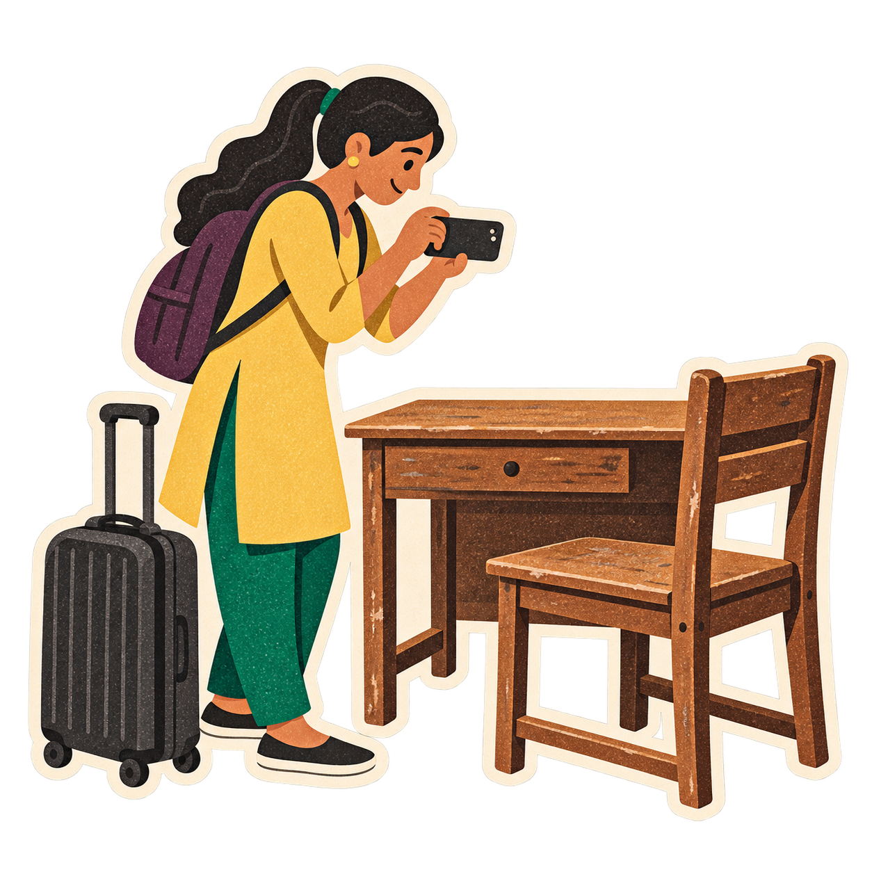 Illustrated student photographing a desk and chair while moving home.